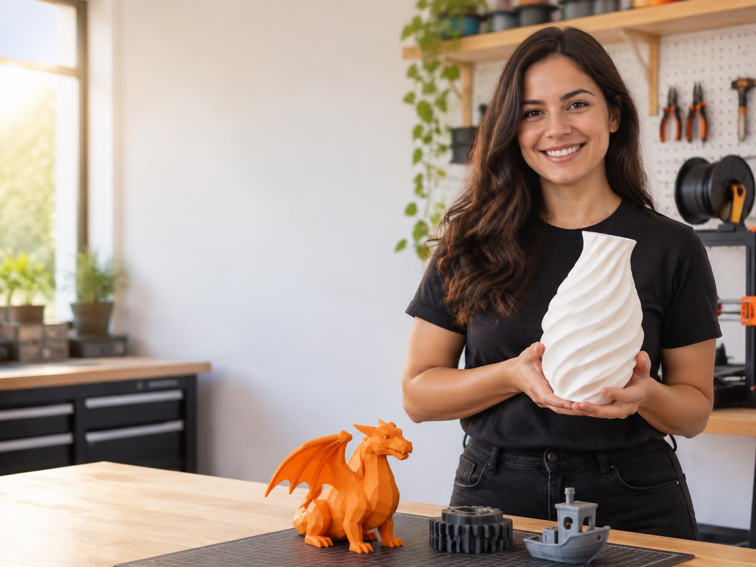 Instrutora segurando um vaso feito em impressão 3D